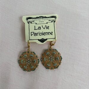 la Vie Parisienne Catherine Popesco Filigree Medallion Gold and Blue Earrings